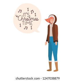 woman with winter clothes and speech bubble