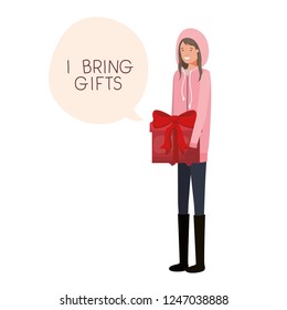 woman with winter clothes and speech bubble