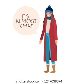 woman with winter clothes and speech bubble