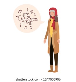 woman with winter clothes and speech bubble