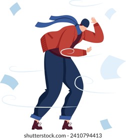 Mujer con ropa de invierno luchando contra el viento. Persona sosteniendo sombrero y luchando contra la fuerte brisa, papeles volando por ahí. Ilustración vectorial del desafío del clima eólico.