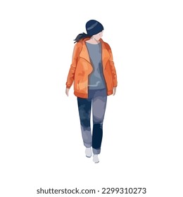 woman in winter clothing walking in success over white
