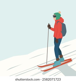 Woman in winter gear enjoys skiing on a snowy slope, equipped with ski poles and a backpack. Flat vector illustration isolated on white background