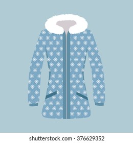 Woman winter jacket. Cozy clothes. Flat style design icon. Vector illustration