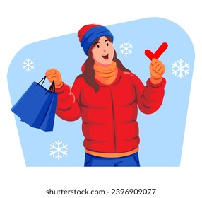 Woman in a winter jacket with winter hat and scarf holding shopping bags and check mark