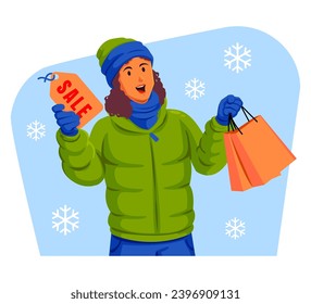 Mujer en una chaqueta de invierno con sombrero de invierno y bufanda sosteniendo bolsas de compras y etiqueta de venta