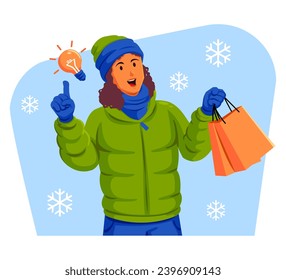 Woman in a winter jacket with winter hat and scarf holding shopping bags and light blub