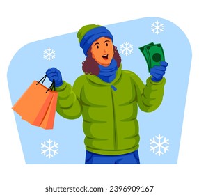 Mujer en una chaqueta de invierno con sombrero de invierno y bufanda sosteniendo bolsas de compras y dinero
