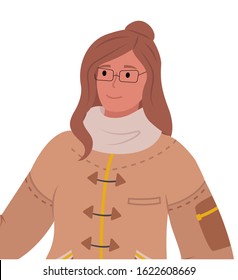 Woman in winter jacket and knitted scarf, wearing glasses. Isolated personage in cold season. Modern outfit for frosty weather. Lady outdoors in wintertime, vector in flat style illustration