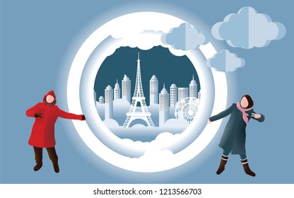 Woman in winter season and cityscape inside circle in cool tone color, Vector and illustration paper art and craft design