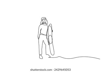 woman winter season skateboard pose one line art design