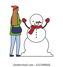 woman with winter snowman character