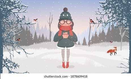 A woman with winter warm clothes and glasses holds a cup in her hands. A girl in a snowy forest drinks a hot drink. Vector illustration.