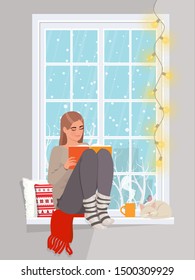 Woman at the winter window. Winter season lifestyle. Vector flat style.