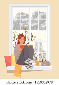 Woman at the winter window. Winter season lifestyle. Vector flat style.