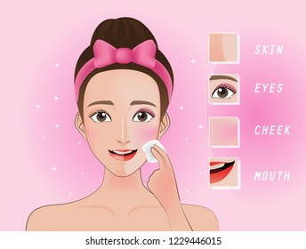 Woman wipes the face with a cotton pad.The face on a pink background.Half with minus has not removed cosmetics.