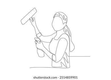 Woman wiping home windows. Doing house chores concept one-line drawing