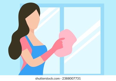 Woman wiping house wall, cleaning and sanitizing concept vector illustration