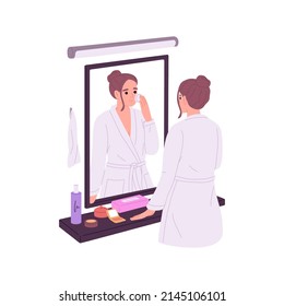 Woman Wiping Off Face Makeup With Cotton Pad At Bathroom Mirror, Removing Cosmetics With Cleansing Lotion. Everyday Beauty Skin Care Routine. Flat Vector Illustration Isolated On White Background