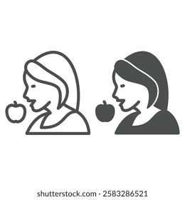 Woman wish apple line and solid icon, eat what you want concept. Vector graphics. Girl with apple fruit sign on white background, outline style icon for mobile or web design