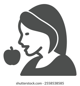 Woman wish apple solid icon, eat what you want concept. Vector graphics. Girl with apple fruit sign on white background, glyph style icon for mobile or web design