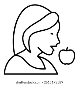 Woman wish apple thin line icon, eat what you want concept. Vector graphics. Girl with apple fruit sign on white background, style mobile or design