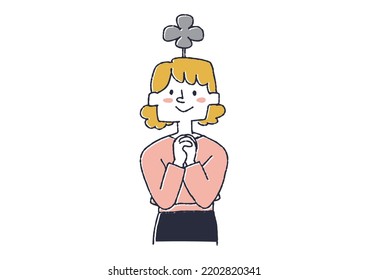 A woman wishing for good luck, an illustration that expresses people's thoughts and feelings with weather and marks above her head