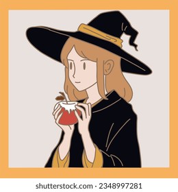 Woman as witch in black cloak holding white and red apple. Hand drawn flat cartoon character vector illustration.