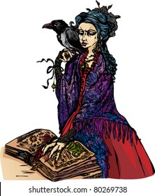 Woman witch with black raven reading ancient magic book - vector illustration.