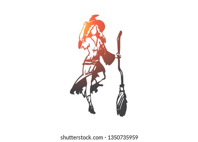 Woman, witch, costume, festive, dress concept. Hand drawn woman in costume of witch concept sketch. Isolated vector illustration.