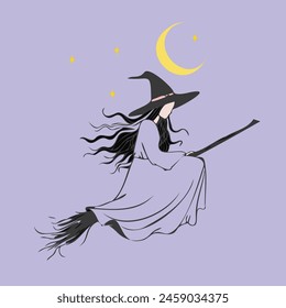 A woman in a witch costume is flying on a broomstick. The image has a whimsical and playful mood, as it is a drawing of a witch flying on a broomstick