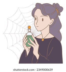 Woman in witch costume holding a bottle of magic potion in Halloween party, spider web behind. Hand drawn flat cartoon character vector illustration.