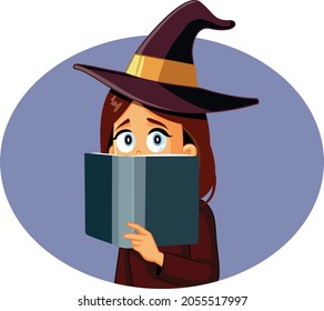 Woman In Witch Costume Reading a Halloween Book Vector Cartoon

Sorcerer conjuring black magic trick from a spell book 
