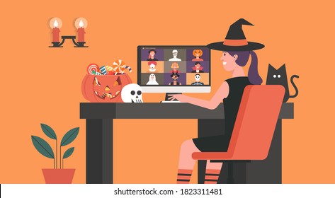 Woman in Witch dress having video call or video conference to celebrate online holiday and  Halloween party on computer at home together with her friends in horror costumes, flat vector illustration