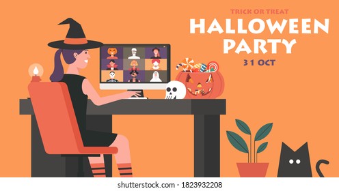 Woman in Witch dress having video call to celebrate online Halloween party on computer at home together with her friends in horror costumes, flat vector banner illustration