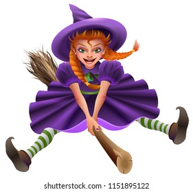 Woman witch flies on broom. Masquerade Halloween Dress. Isolated on white vector cartoon illustration