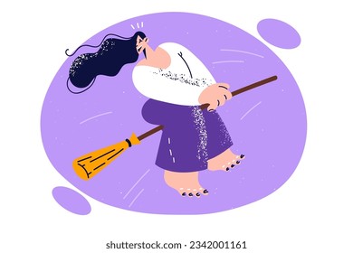 Woman witch flies on broom for cleaning and maintaining cleanliness in apartment and smiles looking back. Happy casual witch from fairy tales or dreamy housewife dreaming of having magic skills