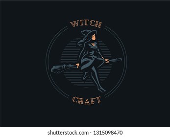 A woman witch flies on a magic broomstick. Vector illustration