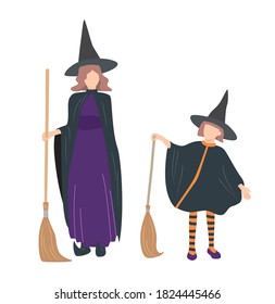 Woman witch and girl witch holding a broom.