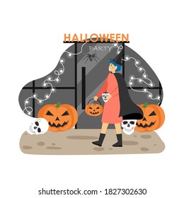 Woman in witch halloween costume going to night club. Halloween party celebration. Vector illustration. Pumpkin decoration.