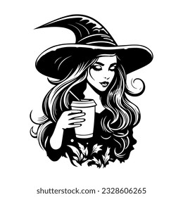 Woman in witch hat with coffee cup. Pumpkin spice latte, Halloween costume. Black silhouette. Hand drawn cartoon style. Vector flat illustration isolated on white background.