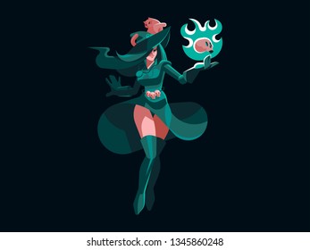 Woman witch holds in her hand a skull on fire, on a hat a cat. Vector illustration.