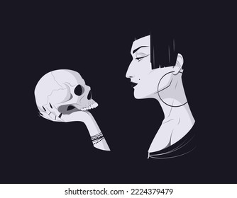 Woman witch holds a human skull on her hand and looks at it. Dark magic vector illustration. 