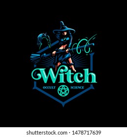 Woman witch with a magic broom conjures. Vector.