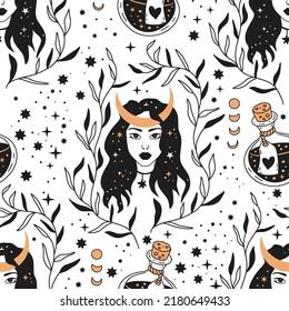 Woman witch moon magic seamless vector pattern. Eclectic celestial mystic background.