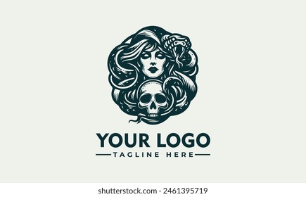 woman witch vector logo beauty woman with a skull and snake vector logo woman witch with a skull in her hand. She is wrapped around by a large snake