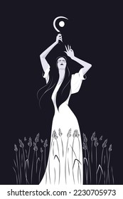 Woman witch in white dress with a sickle in a wheat field in moon light. Dark magic vector illustration. 