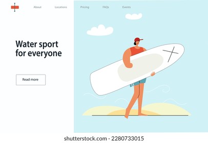 Woman without an arm holding sup board at the beach. Simple style abstract human for the main page, banner for website, mobile app, book cover.