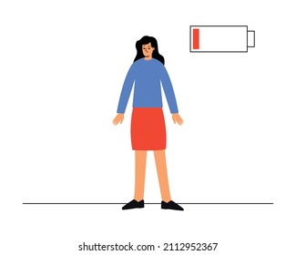 A woman without energy. Battery not charging. The concept of burnout, depression. mental problems. Woman feeling tired, exhausted