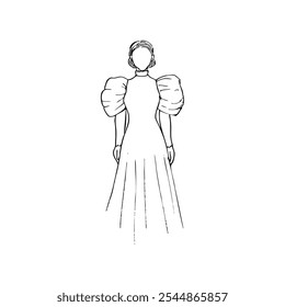 woman without face or mannequin standing frontal in Victorian dress - hand drawn line art sketch